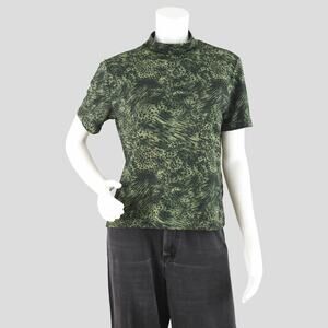 Vintage Mockneck Shirt, Green Animal Print Stretchy Top, Women's Small - Medium